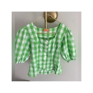 KITRI Green Plaid Gingham Cotton Top US 2 Retro Cottagecore Puff Sleeve Festival